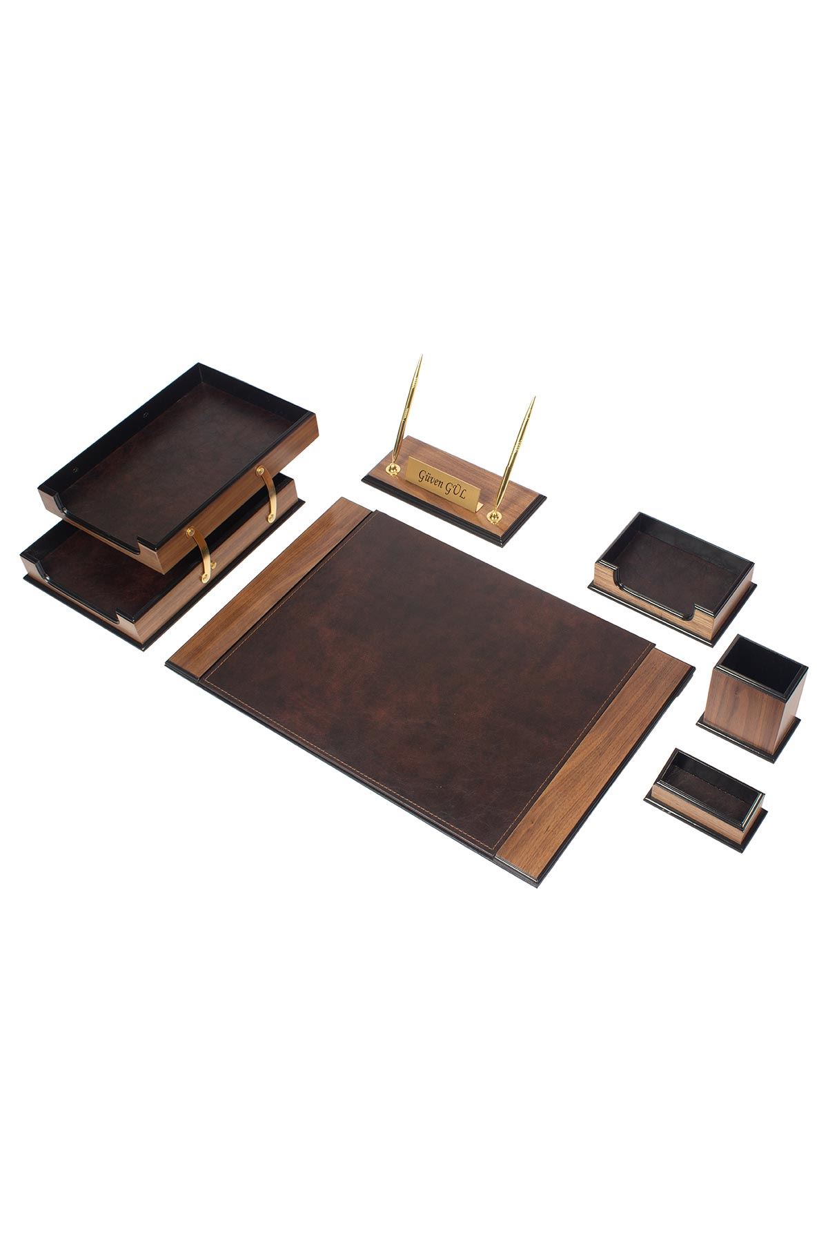 Wooden Prestige Desk Set Brown 8 Accessories