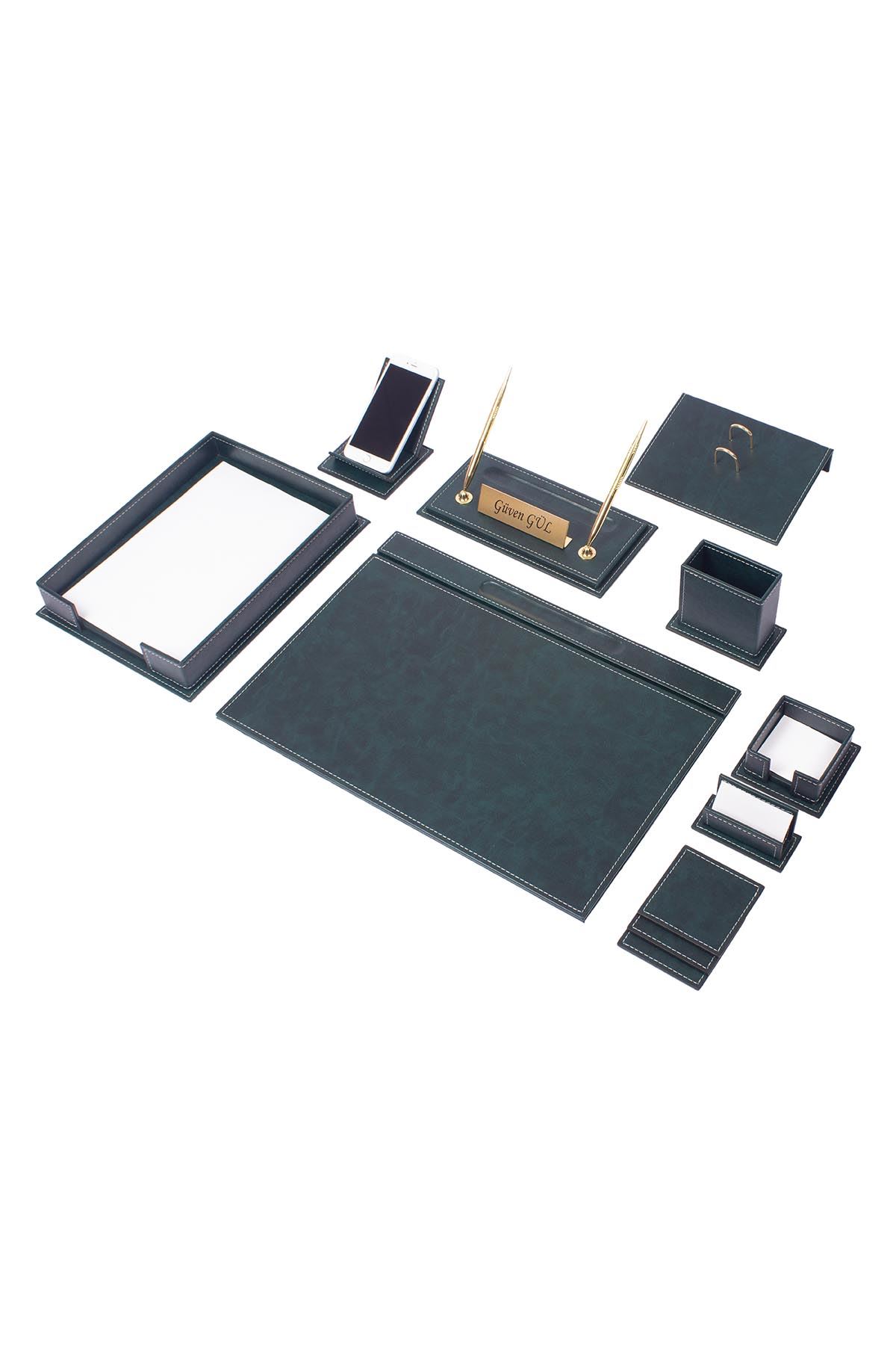 Vega Leather Desk Set Green 13 Accessories