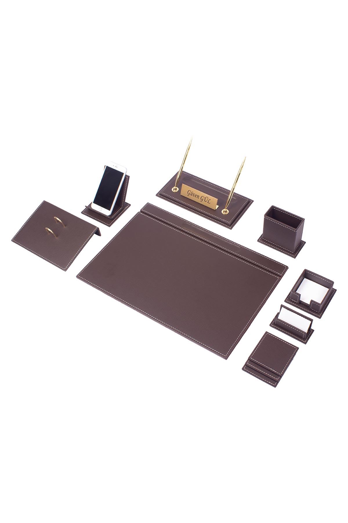 Vega Leather Desk Set Brown 12 Accessories