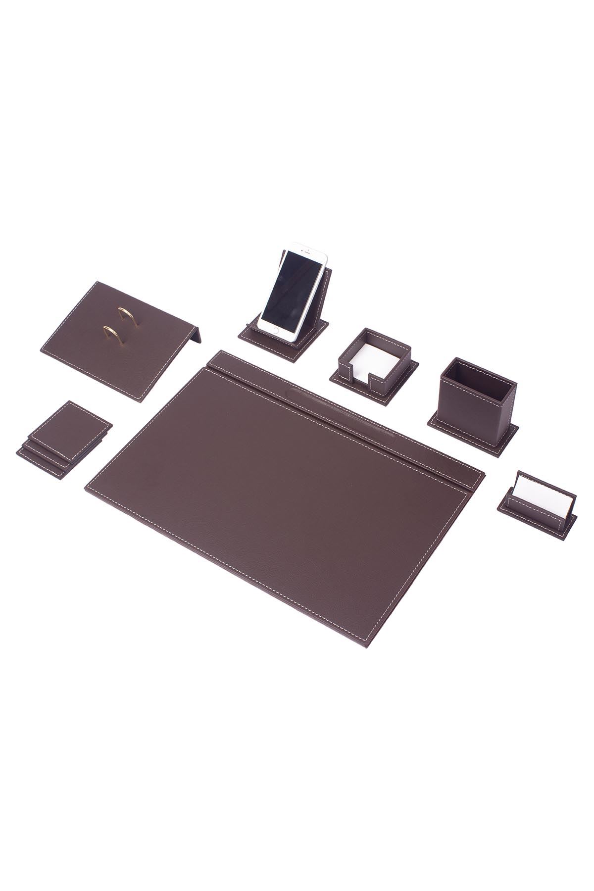 Vega Leather Desk Set Brown 9 Accessories