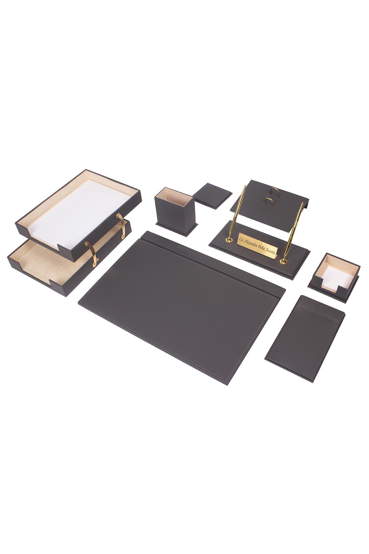 Luxury Leather Desk Set Gray 10 Accessories - Double Document Tray