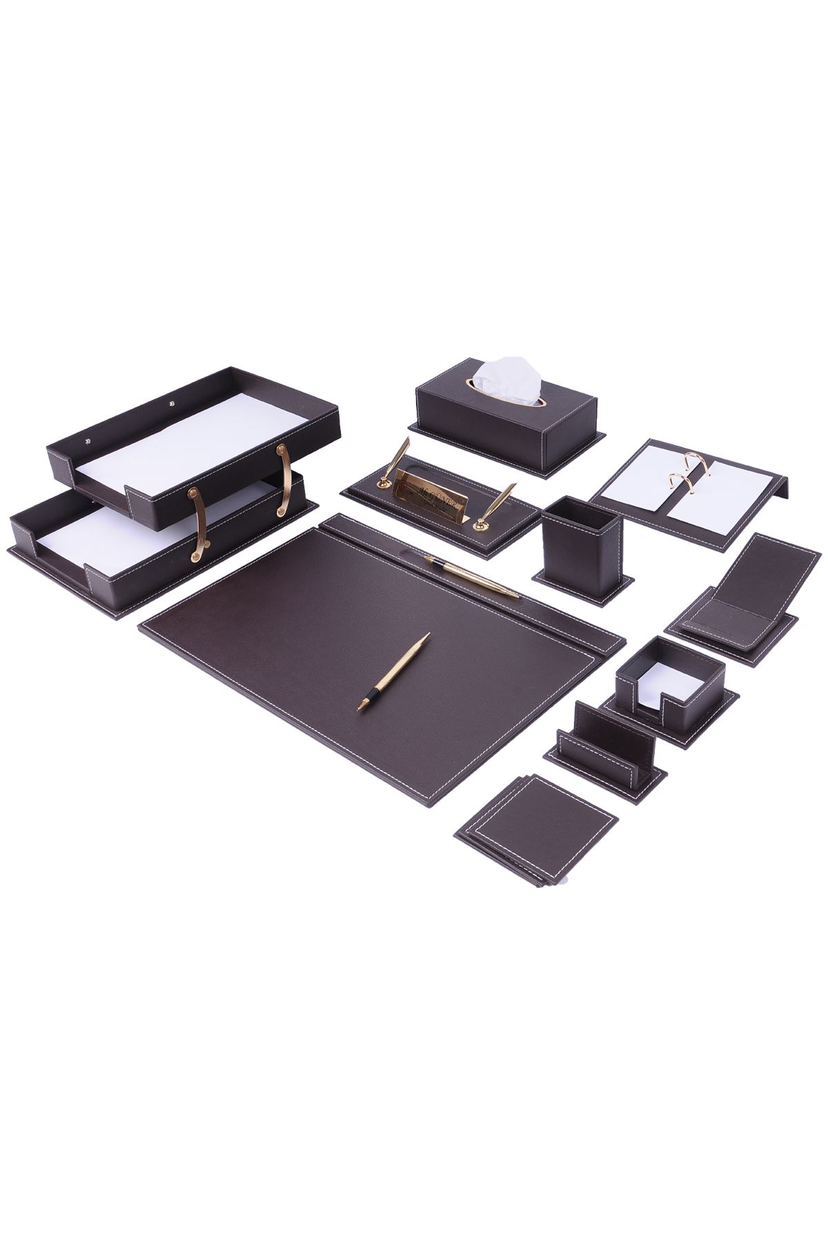 Vega Leather Desk Set 14 Accessories Brown | Vega Leather Desk Set | Leather Desk  Set | Covered Leather Desk Pad | Leather Office Accessories | Leather Desk Accessories | Personalized Gift | Best Office Gift