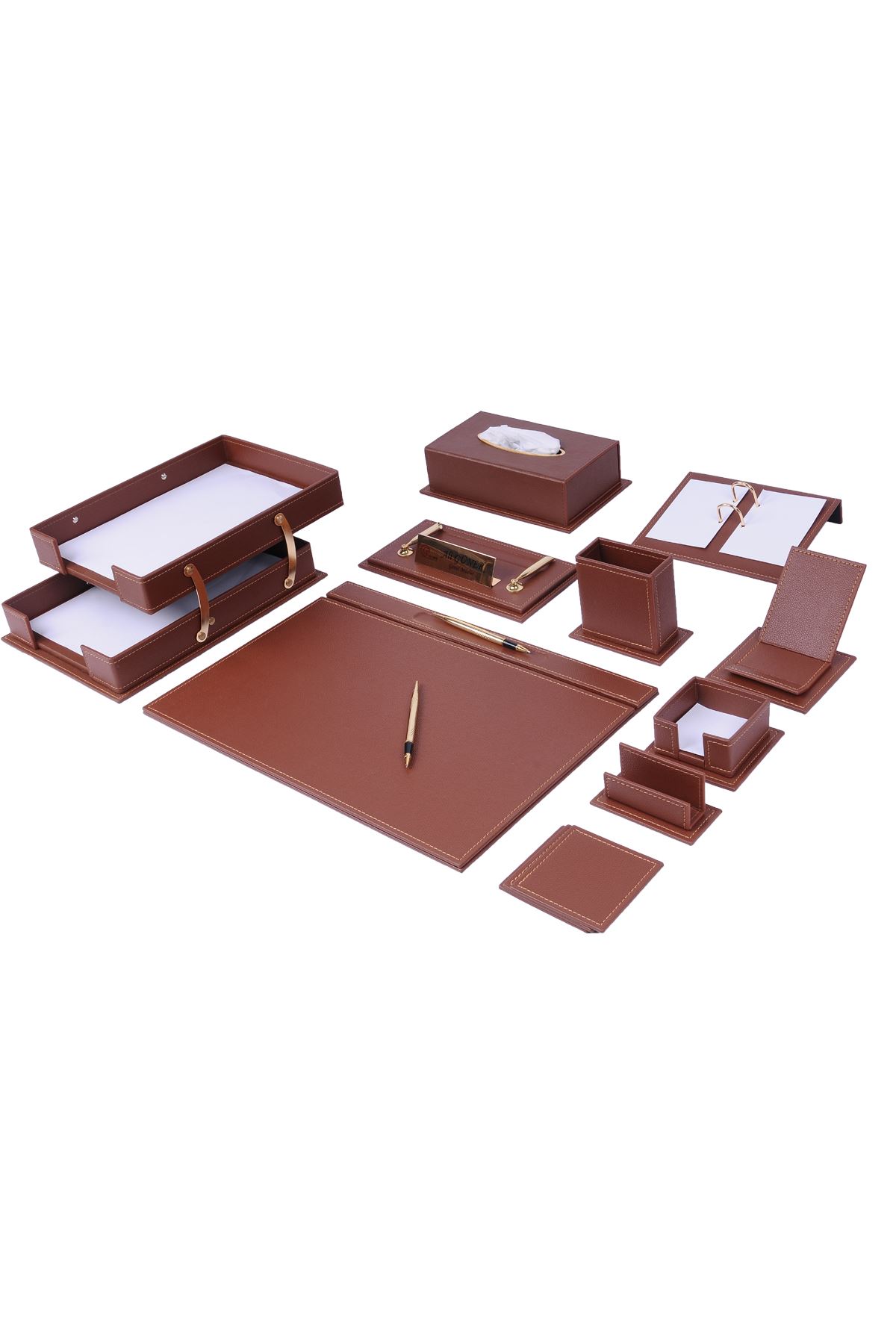 Vega Leather Desk Set 14 Accessories Tan | Vega Leather Desk Set | Leather Desk  Set | Covered Leather Desk | Leather Office Accessories | Leather Desk Accessories