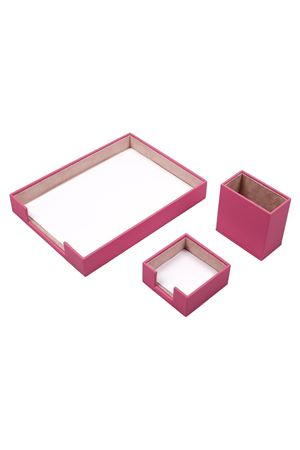 Pembe Suni Deri Tek Evrak Raflı Masa Seti – 3 Parça
