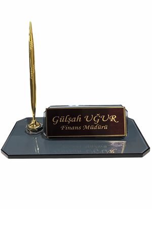 BLACK CRYSTAL DESK NAME PLATE WITH GOLDEN ACCESSORIES