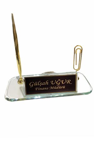 Crystal Desktop Name Holder ( With Pen and Clock )