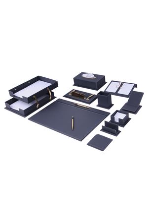 Vega Leather Desk Set 14 Pieces Double Document Tray Gray | Vega Leather Desk Set | Leather Desk  Set | Covered Leather Desk | Leather Office Accessories | Leather Desk Accessories