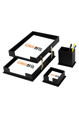 Deri 3 Parça Masa Üstü Seti Siyah Çiftli Evrak Rafı, Kalemlik ve Notluk