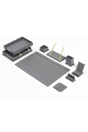 12 Parça Lüks Deri Sümen Takımı - Gri | Ofis ve Makam Masası Takımı 